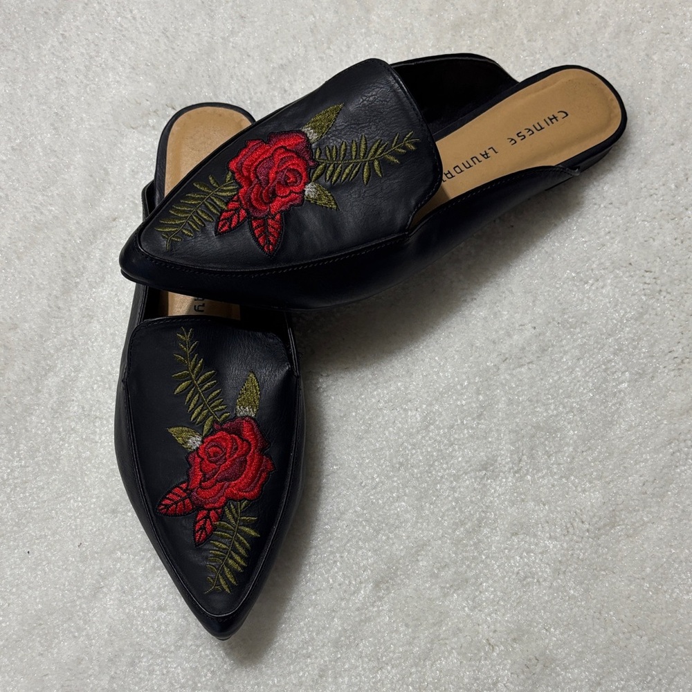 Chinese Laundry Black Mules with Red Floral Embroidery